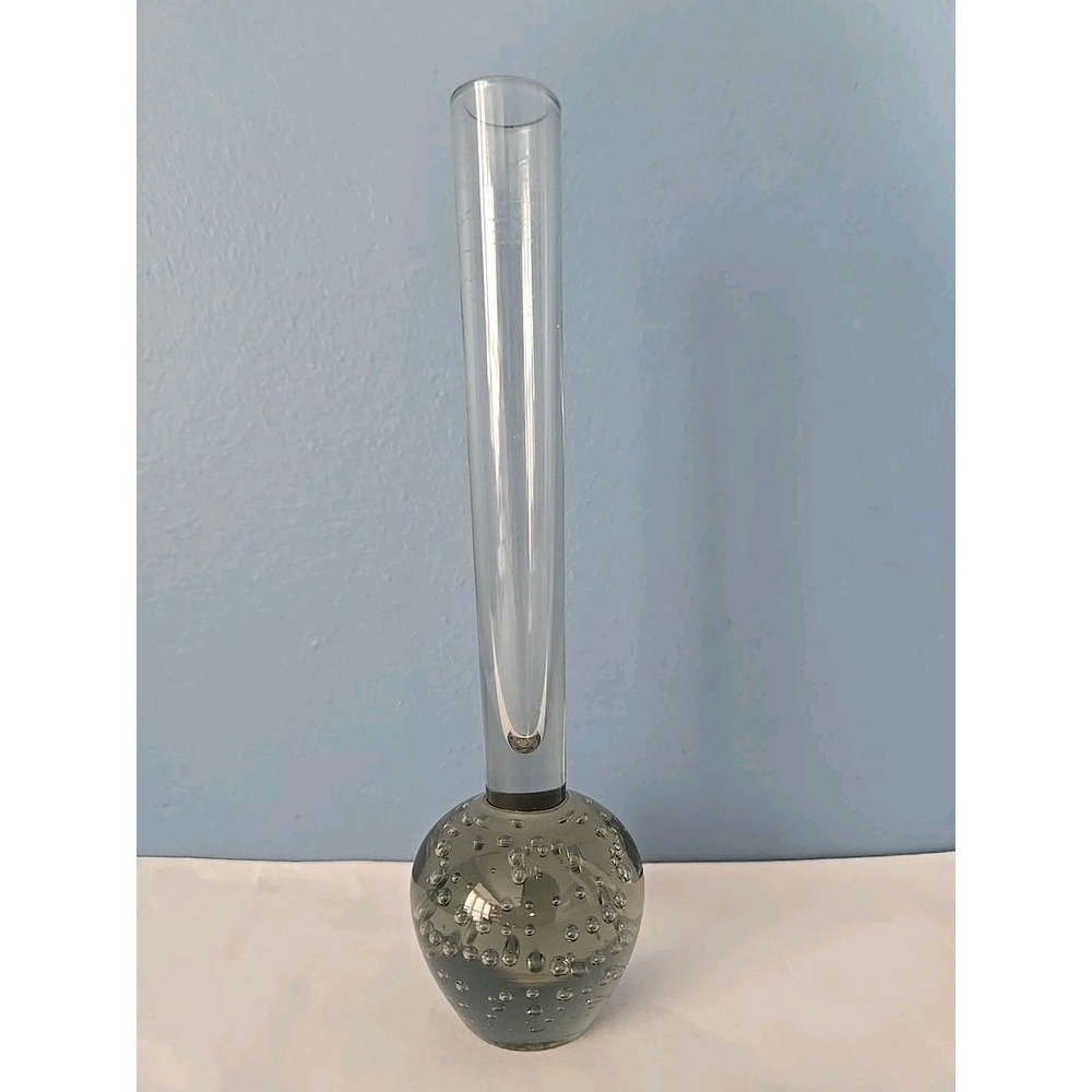 Vintage Hand Blown‎ Smoke Glass Controlled Bubble Art Glass Bud Vase 6" Tall
